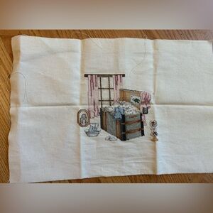 Handmade Cross Stitch Nursery Scene - Cream Fabric, Pink Accents